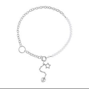 White Pearl Glass Beaded Necklace with Heart Charm 20-22 Inches in Silvertone